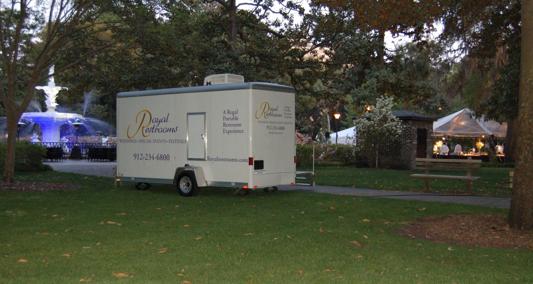 restroom trailer at a wedding